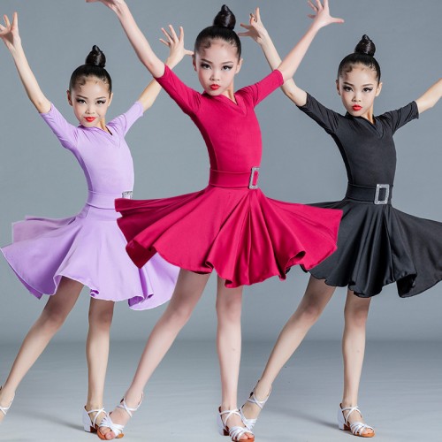 Mint purple wine black Latin dance dresses for girls kids school competition ballroom salsa latin clothing art test dance skirt for children